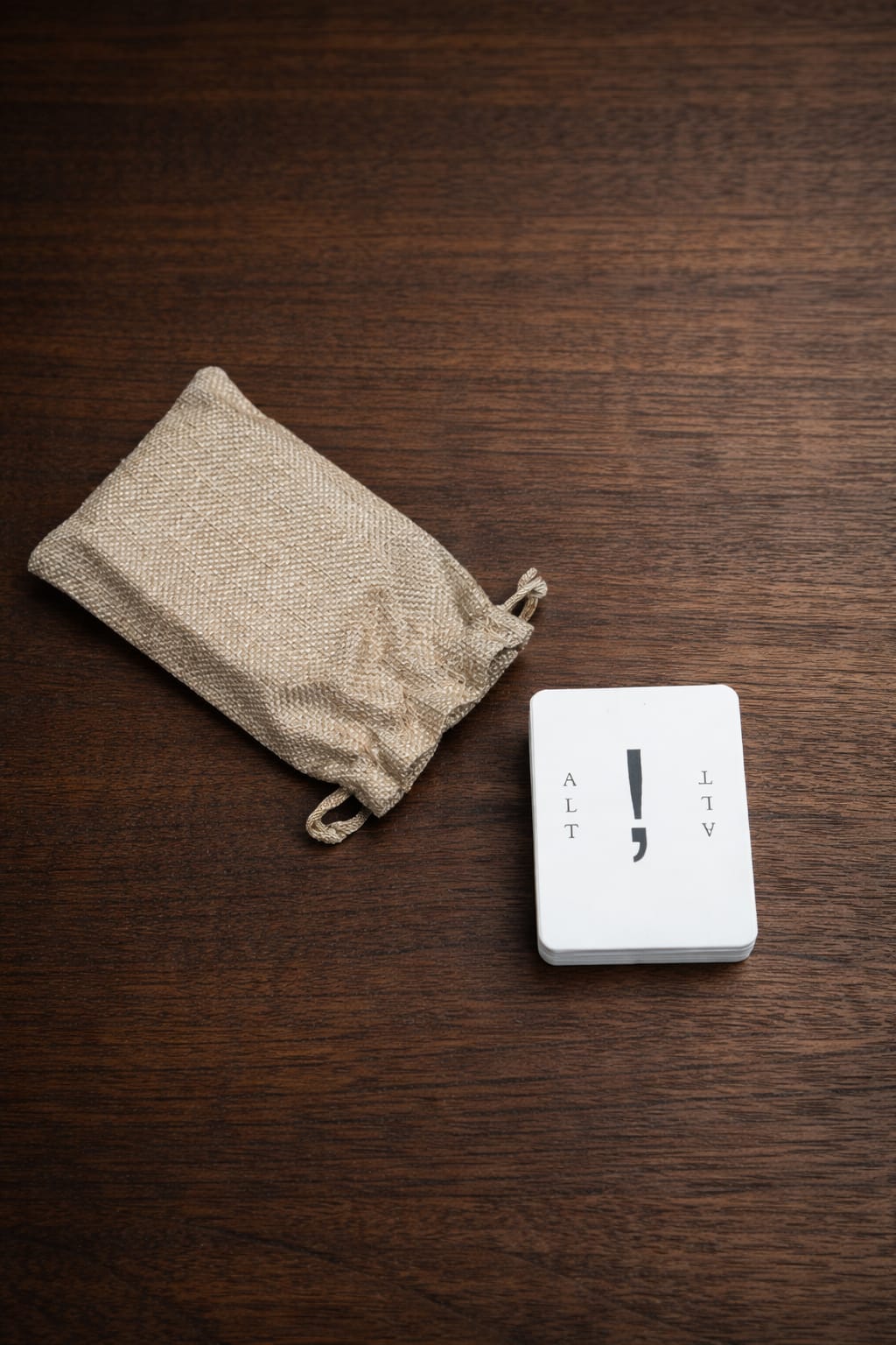 The ALT Championship card deck and drawstring pouch on a wooden surface